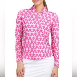 G Lifestyle Women’s Pink White Patterned Long Sleeve Golf Top W/Gold 1/4 zip S
